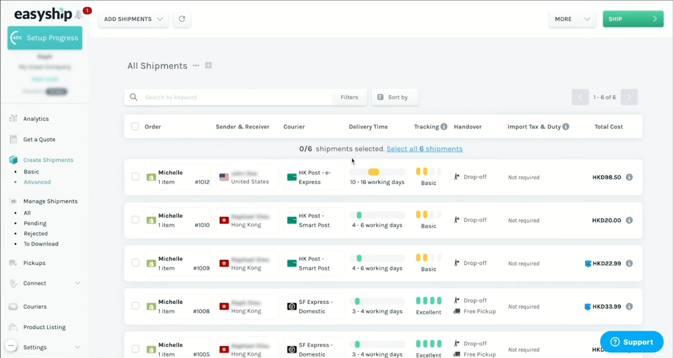 Easyship dashboard — multi-courier rate comparison with tax and duty calculation