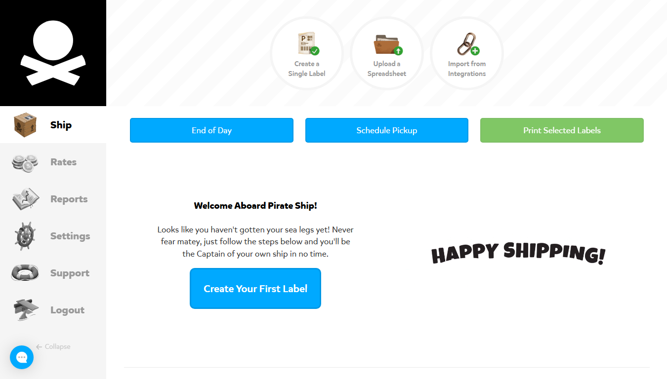 Pirate Ship dashboard — simple shipping interface with Create Your First Label button