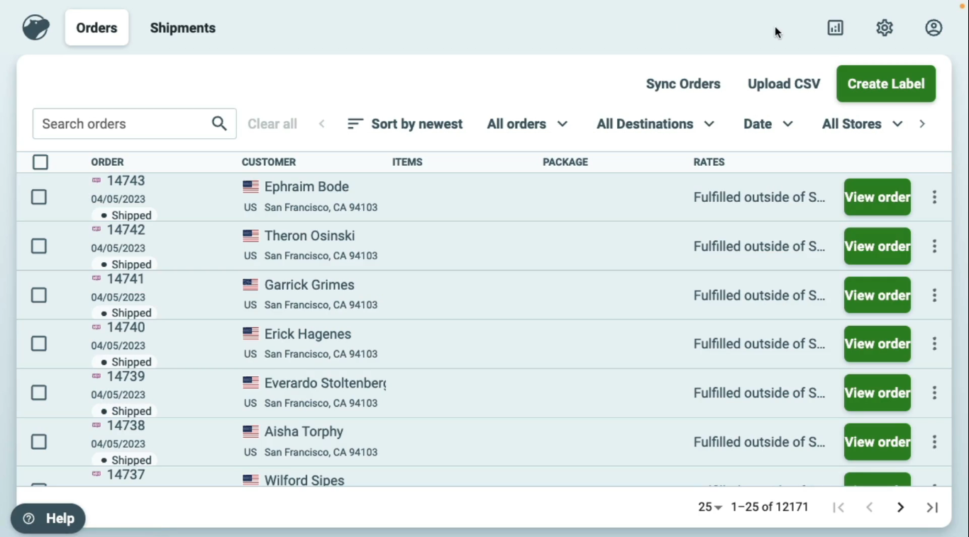 Shippo orders dashboard — batch order list with Create Label workflow